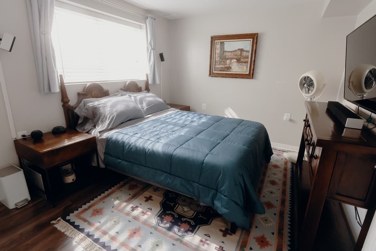 A guest bedroom with blue bedding, natural light, and a wool rug